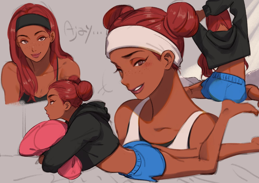 1girl 2gou alternate_hairstyle apex_legends ass bare_legs bare_shoulders black_headband black_hoodie black_shirt blue_shorts breasts brown_eyes brown_lips character_name closed_mouth collarbone commentary_request dark_skin double_bun eyelashes freckles from_behind hair_down headband highres hood hood_down hoodie lifeline_(apex_legends) lips long_hair long_sleeves looking_at_viewer lying makeup mascara multiple_views nose on_stomach redhead shirt short_hair short_shorts shorts smile smirk stretch tank_top white_headband white_tank_top