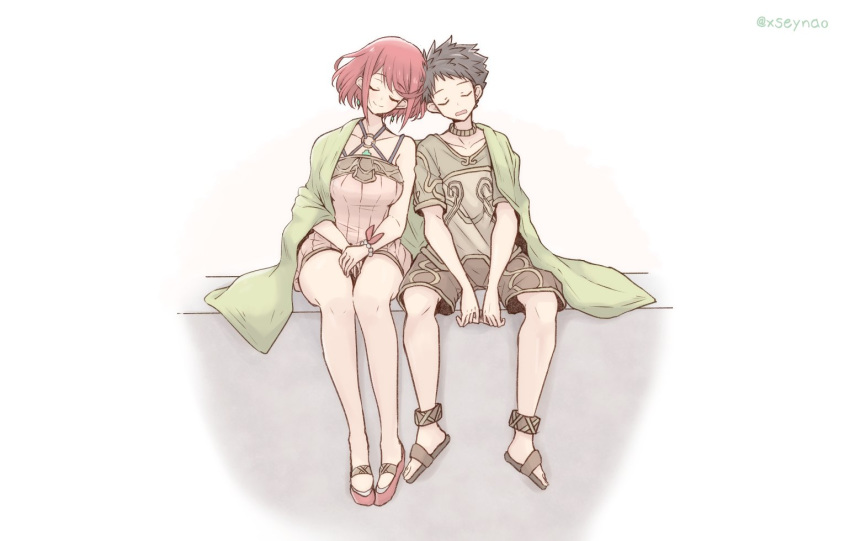 1boy 1girl alternate_costume bangs bare_legs breasts chest_jewel closed_eyes full_body large_breasts leaning_on_person mochimochi_(xseynao) o-ring pyra_(xenoblade) redhead rex_(xenoblade) sandals shared_blanket shirt short_hair shorts shoulder-to-shoulder simple_background sitting sleeping sleeping_upright smile swept_bangs twitter_username white_background xenoblade_chronicles_(series) xenoblade_chronicles_2