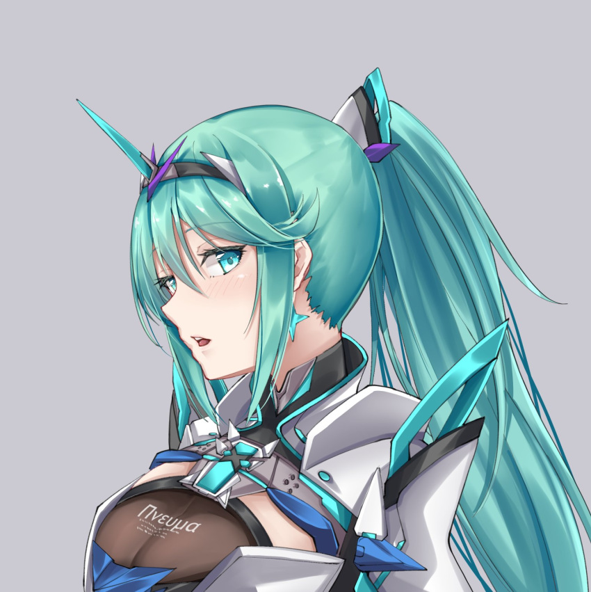 1girl bangs breasts chest_jewel earrings green_eyes green_hair grey_background highres jewelry large_breasts long_hair long_ponytail pneuma_(xenoblade) ponytail sarasadou_dan simple_background solo swept_bangs tiara upper_body xenoblade_chronicles_(series) xenoblade_chronicles_2