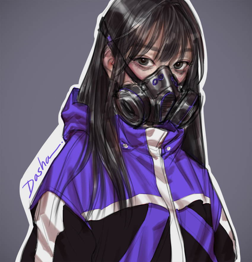 1girl black_hair cyberpunk dasha_art gas_mask green_eyes highres jacket long_hair mask original punk science_fiction solo