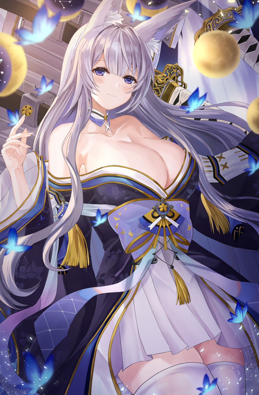 1girl absurdres animal_ear_fluff animal_ears artist_request azur_lane blue_butterfly blue_collar blue_kimono breasts collar fox_ears fox_girl highres japanese_clothes kimono kitsune kyuubi large_breasts large_tail long_hair moon_phases multiple_tails off-shoulder_kimono off_shoulder pleated_skirt shinano_(azur_lane) silver_hair skindentation skirt skirt_under_kimono solo sword tail thigh-highs weapon white_legwear white_skirt white_tail wide_sleeves zettai_ryouiki