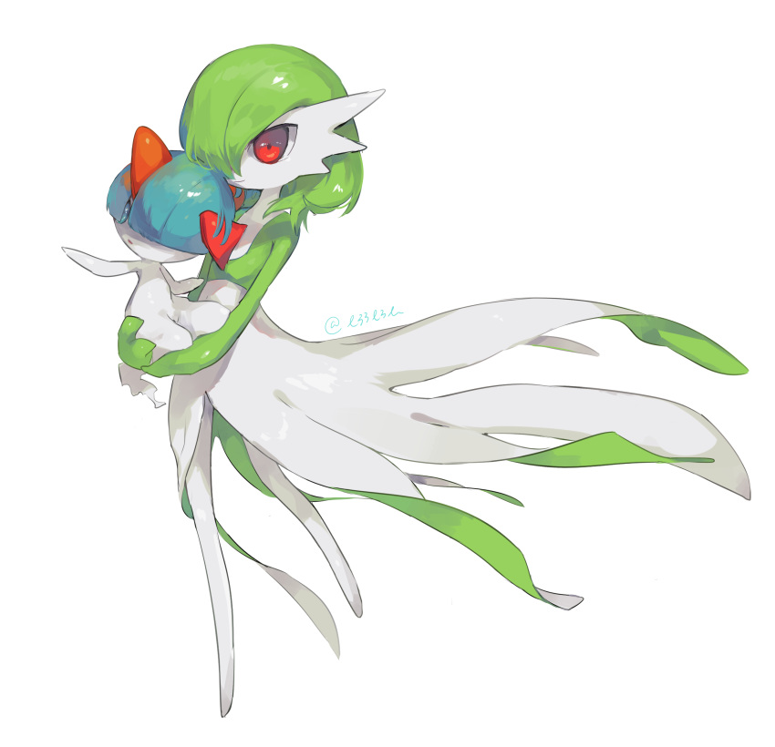 absurdres artist_name closed_mouth commentary_request gardevoir gen_3_pokemon hand_up hideko_(l33l3b) highres holding holding_pokemon no_humans pokemon pokemon_(creature) ralts red_eyes shiny watermark white_background