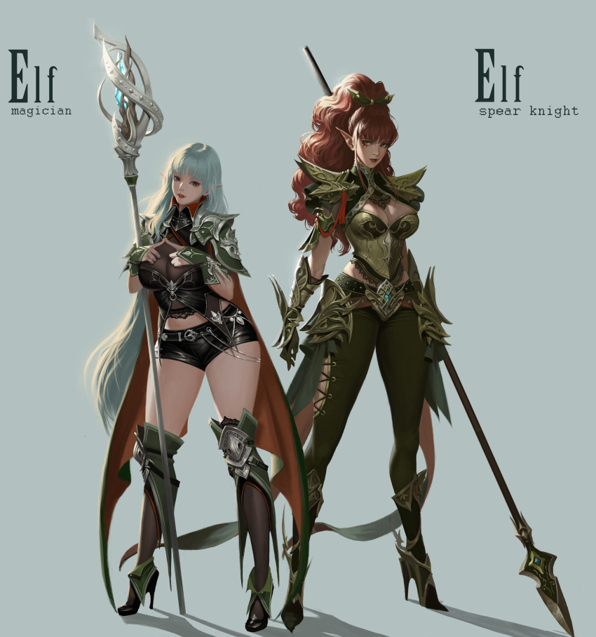 2girls absurdres armor armored_boots boots breasts dark_elf elf grey_hair highres jmyi lance large_breasts long_hair long_pointy_ears multiple_girls original pointy_ears polearm ponytail redhead weapon white_hair
