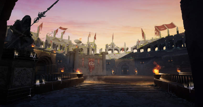 absurdres arch architecture banner bird brazier brick_floor candle chikaze colosseum commentary fire flame flying gate greco-roman_architecture highres no_humans original outdoors polearm ruins scenery spear statue twilight weapon