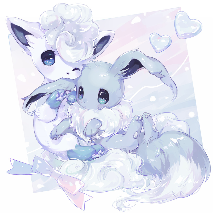 alolan_form alolan_vulpix blue_eyes blush commentary_request eevee eyelashes fur gen_1_pokemon gen_7_pokemon heart hideko_(l33l3b) highres looking_at_viewer no_humans paws pokemon pokemon_(creature) ribbon