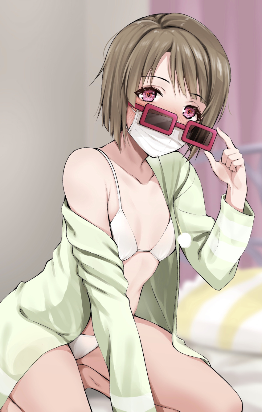 1girl absurdres arm_support bangs bare_shoulders bed bikini blurry blurry_background blush brown_hair collarbone commentary_request curtains depth_of_field eyebrows_visible_through_hair eyewear_pull green_jacket hand_up heart heart-shaped_pupils highres indoors jacket kitaku_jikan_(ktk_jkn) long_sleeves looking_at_viewer love_live! love_live!_nijigasaki_high_school_idol_club mask mouth_mask nakasu_kasumi off_shoulder on_bed open_clothes open_jacket pillow pulled_by_self red-framed_eyewear red_eyes seiza sitting solo sunglasses surgical_mask swimsuit symbol-shaped_pupils white_bikini