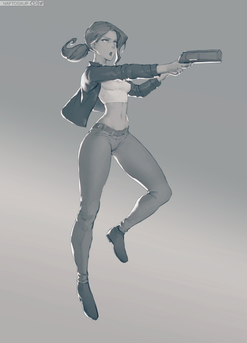 1girl absurdres aiming ankle_boots belt boots breasts control_(game) crop_top denim floating full_body greyscale gun handgun highres jacket jeans jesse_faden leather leather_jacket low_ponytail midriff monochrome naftosaur navel open_clothes open_jacket open_mouth pants ponytail shirt small_breasts solo taut_clothes taut_shirt toned upper_teeth weapon