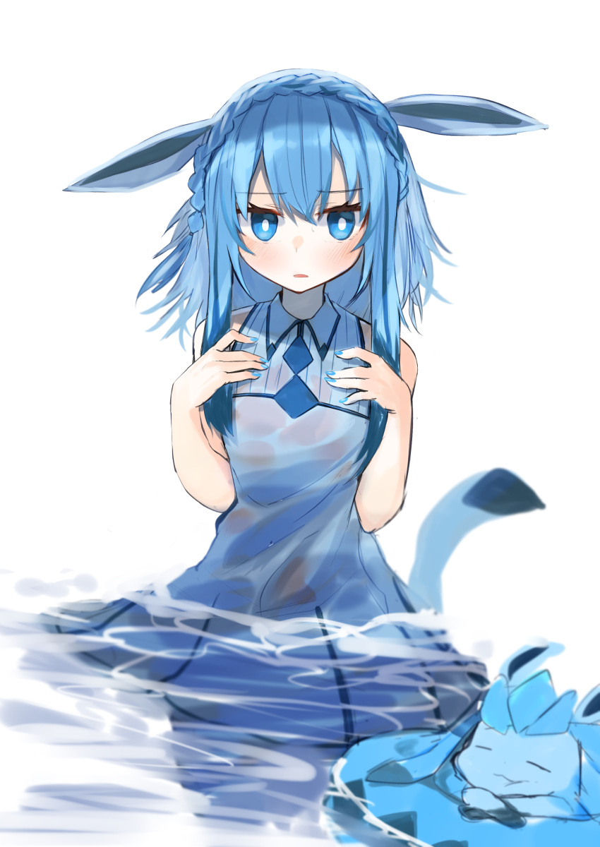 1girl absurdres bangs bare_arms bare_shoulders blue_dress blue_eyes blue_hair blue_nails blush closed_eyes closed_mouth collared_dress daifukumochi_(akaaokiiwo) dress eyebrows_visible_through_hair gen_4_pokemon glaceon hair_between_eyes highres long_hair looking_at_viewer nail_polish parted_lips personification pokemon pokemon_(creature) sleeveless sleeveless_dress tail_raised white_background