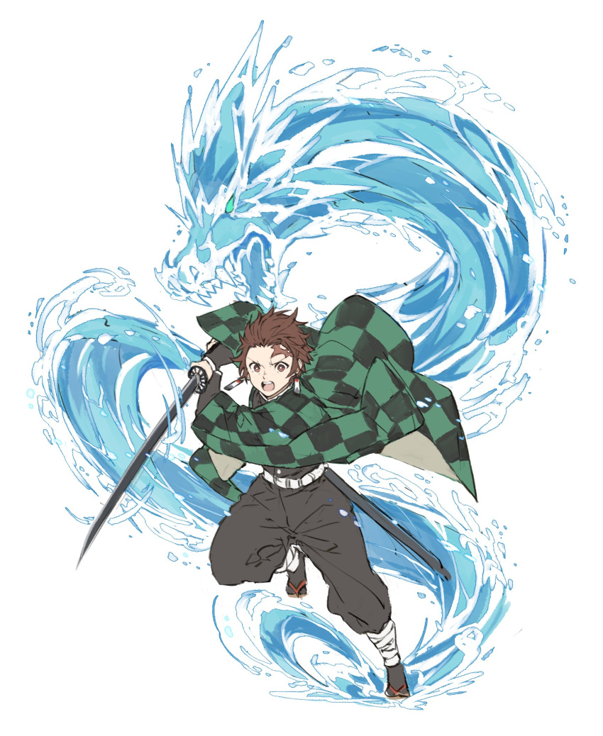 1boy belt brown_eyes brown_hair checkered dragon earrings haori highres holding holding_sword holding_weapon japanese_clothes jewelry kamado_tanjirou katana kimetsu_no_yaiba leg_up long_sleeves male_focus open_mouth pants papajay_(jennygin2) scar scar_on_face sheath simple_background sword water weapon white_background white_belt