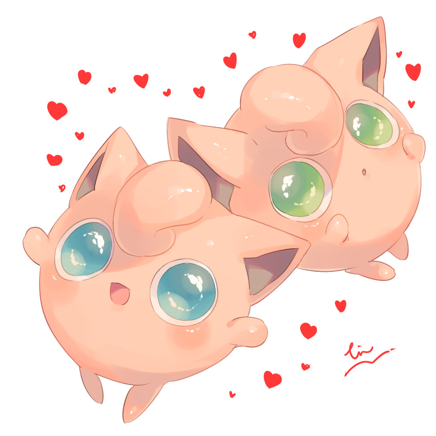 :o absurdres blue_eyes blush commentary_request gen_1_pokemon green_eyes heart hideko_(l33l3b) highres jigglypuff no_humans open_mouth pokemon pokemon_(creature) shiny signature tongue