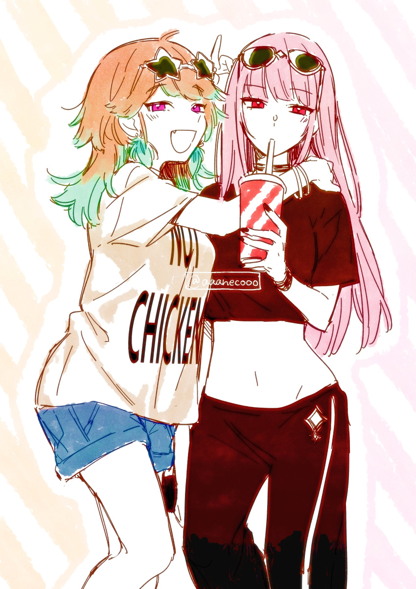 2girls aaanecooo absurdres ahoge alternate_costume commentary drinking drinking_straw drinking_straw_in_mouth eyebrows_visible_through_hair half-closed_eyes hand_on_another's_shoulder highres hololive midriff mori_calliope multicolored_hair multiple_girls pink_hair red_eyes redhead shorts simple_background smile sunglasses takanashi_kiara tsurime two-tone_hair violet_eyes yuri