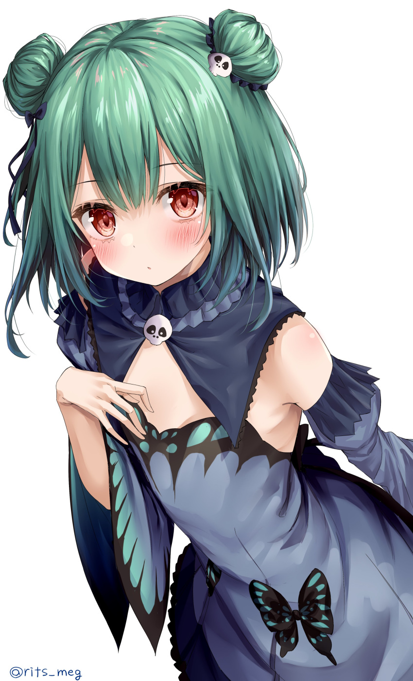 1girl absurdres bangs bare_shoulders blush breasts detached_sleeves double_bun dress eyebrows_visible_through_hair green_hair hair_ornament highres hololive hololive_fantasy looking_at_viewer open_mouth red_eyes rits_(apud8788) short_hair skull_collar skull_hair_ornament smile solo uruha_rushia virtual_youtuber