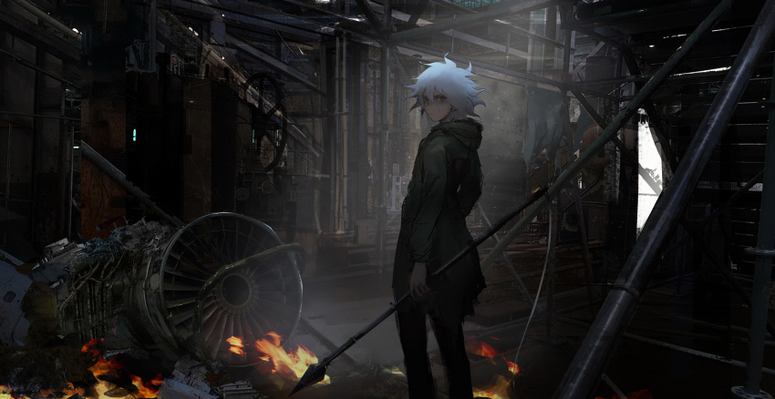 1boy bangs commentary_request dangan_ronpa fire green_jacket grey_hair highres holding holding_spear holding_weapon hood hood_down hooded_jacket jacket komaeda_nagito looking_at_viewer looking_back machinery male_focus medium_hair pants polearm qosic solo spear sunlight super_dangan_ronpa_2 weapon white_hair
