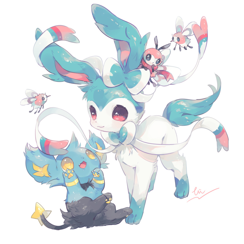 blush closed_mouth commentary_request cutiefly fang fur gen_4_pokemon gen_6_pokemon gen_7_pokemon hideko_(l33l3b) highres no_humans open_mouth paws pink_eyes pokemon pokemon_(creature) shinx signature smile sylveon tongue white_background yellow_eyes