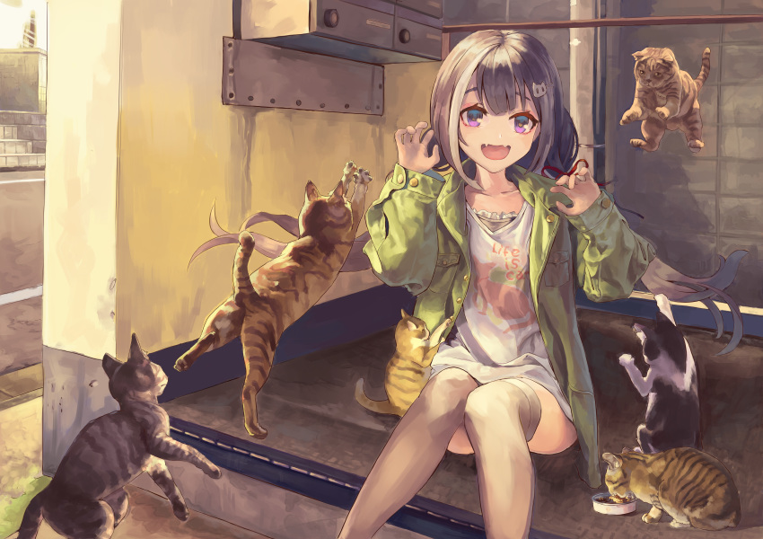 1girl absurdres black_hair cat fangs highres huge_filesize jacket karyl_(real)_(princess_connect!) looking_at_viewer maronmokaet outdoors princess_connect! princess_connect!_re:dive scenery shirt sitting solo t-shirt thigh-highs twintails violet_eyes