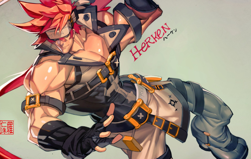 1boy alternate_design alternate_eye_color alternate_hair_color bara bare_shoulders belt_buckle brown_hair buckle chest covered_abs feet_out_of_frame fighting_stance fingerless_gloves gloves guilty_gear harness headgear highres long_hair male_focus muscle na_insoo open_clothes over_shoulder pelvic_curtain ponytail pose revision shiny shiny_skin shoes simple_background sleeveless sol_badguy solo spiky_hair tight weapon weapon_over_shoulder yellow_eyes