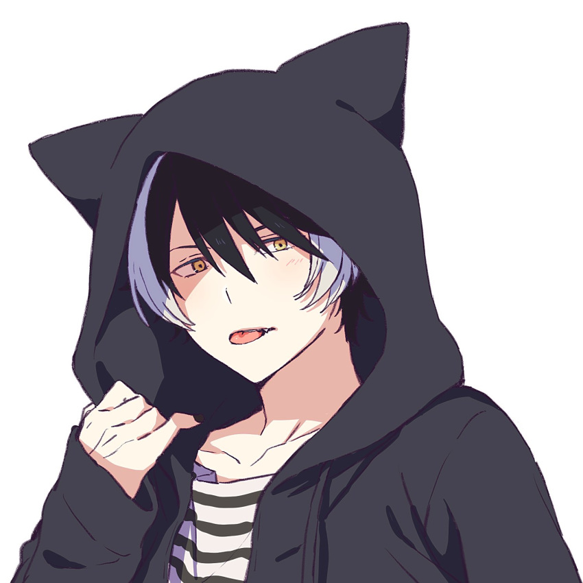 1boy animal_hood black_hair black_hoodie collarbone commentary_request fang highres holostars hood hood_up hoodie kageyama_shien looking_at_viewer male_focus multicolored_hair open_clothes open_hoodie shirt simple_background solo streaked_hair striped striped_shirt tongue tongue_out virtual_youtuber white_background white_hair yellow_eyes yufu_toyomimasu