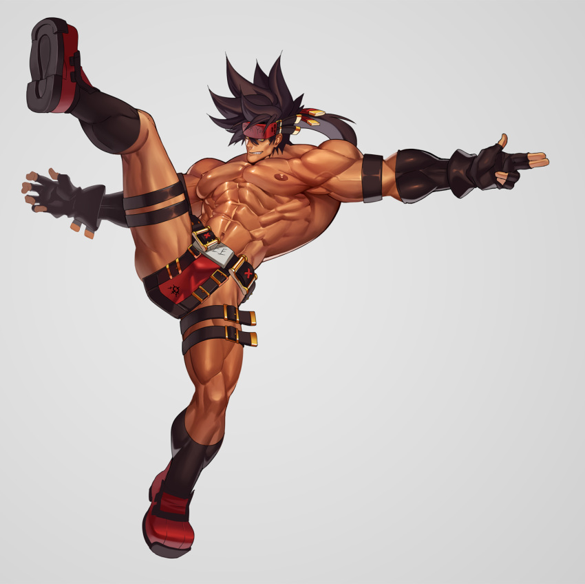 1boy abs alternate_costume bara belt_buckle brown_hair buckle bulge chest fingerless_gloves full_body gloves guilty_gear harness headgear highres long_hair male_focus male_swimwear muscle na_insoo navel nipples pelvic_curtain ponytail shiny shiny_skin shoes simple_background sol_badguy solo spiky_hair split spread_legs standing standing_on_one_leg standing_split swim_briefs swimwear veins yellow_eyes