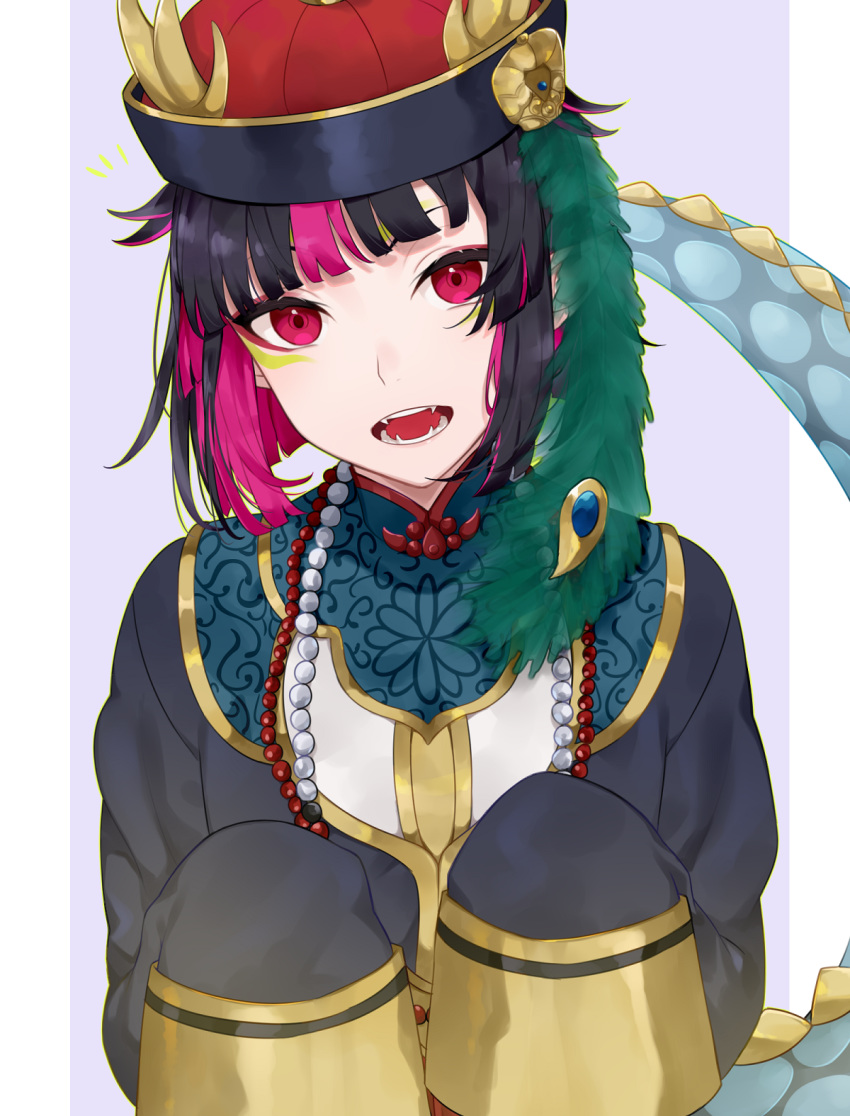 1boy bangs bead_necklace beads black_hair blue_background blunt_bangs bob_cut border chinese_clothes commentary_request dragon_tail facial_mark fangs gem hands_up hat highres horns jewelry jiangshi lilia_vanrouge long_sleeves looking_at_viewer multicolored_hair necklace open_mouth pink_eyes pink_hair red_eyes short_hair sleeves_past_fingers sleeves_past_wrists solo tail teeth twisted_wonderland two-tone_hair upper_body white_border younomiti