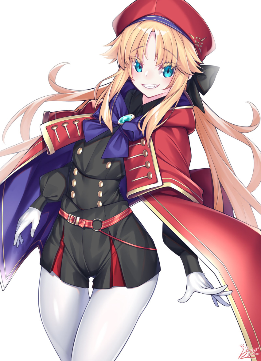 1girl aqua_eyes artoria_pendragon_(all) artoria_pendragon_(caster) artoria_pendragon_(caster)_(cosplay) bangs belt beret black_bow black_dress blonde_hair blue_cape blush bow breasts brooch buttons cape cosplay dress fate/apocrypha fate/grand_order fate_(series) gloves grin hair_bow hat highres jewelry long_hair long_sleeves looking_at_viewer mordred_(fate) mordred_(fate)_(all) pantyhose parted_bangs red_cape red_headwear sidelocks simple_background small_breasts smile twintails watosu white_background white_gloves white_legwear