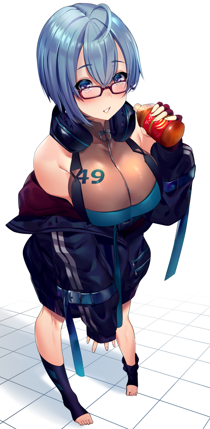 1girl absurdres ahoge blue_eyes blue_hair bottle breasts eyebrows_visible_through_hair fingerless_gloves gloves headphones headphones_around_neck highres jacket juice large_breasts long_sleeves looking_at_viewer open_clothes open_jacket original raxxx25_3 shirt short_hair smile solo toeless_legwear