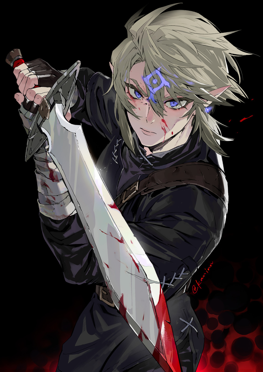 1boy bandaged_arm bandages black_background black_gloves blonde_hair blood blood_on_face bloody_bandages bloody_weapon blue_eyes closed_mouth earrings elf eyebrows_visible_through_hair fingerless_gloves fingernails gloves hair_between_eyes highres holding holding_sword holding_weapon jewelry kaninn link male_focus pointy_ears scratches signature single_earring solo sword the_legend_of_zelda the_legend_of_zelda:_breath_of_the_wild twitter_username weapon