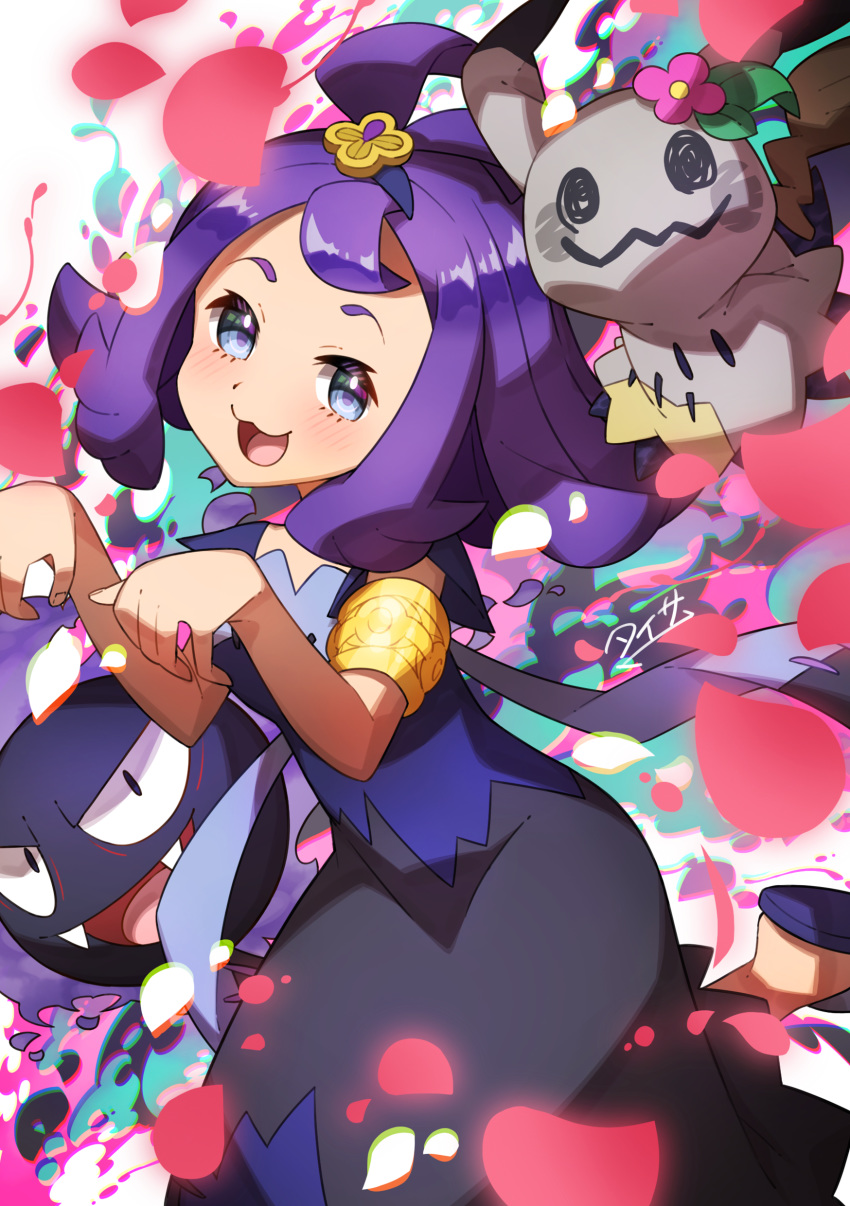 1girl absurdres acerola_(pokemon) armlet blush commentary_request dress eyelashes fingernails gastly gen_1_pokemon gen_7_pokemon grey_eyes hair_ornament hands_up highres looking_at_viewer mimikyu open_mouth paw_pose pokemon pokemon_(anime) pokemon_sm_(anime) purple_hair sandals smile taisa_(lovemokunae) tongue topknot