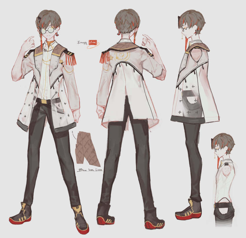 1boy absurdres atelier_live brown_hair character_sheet english_commentary europa_yuu from_side glasses grey_background highres jacket looking_at_viewer multiple_views round_eyewear softmode standing virtual_youtuber