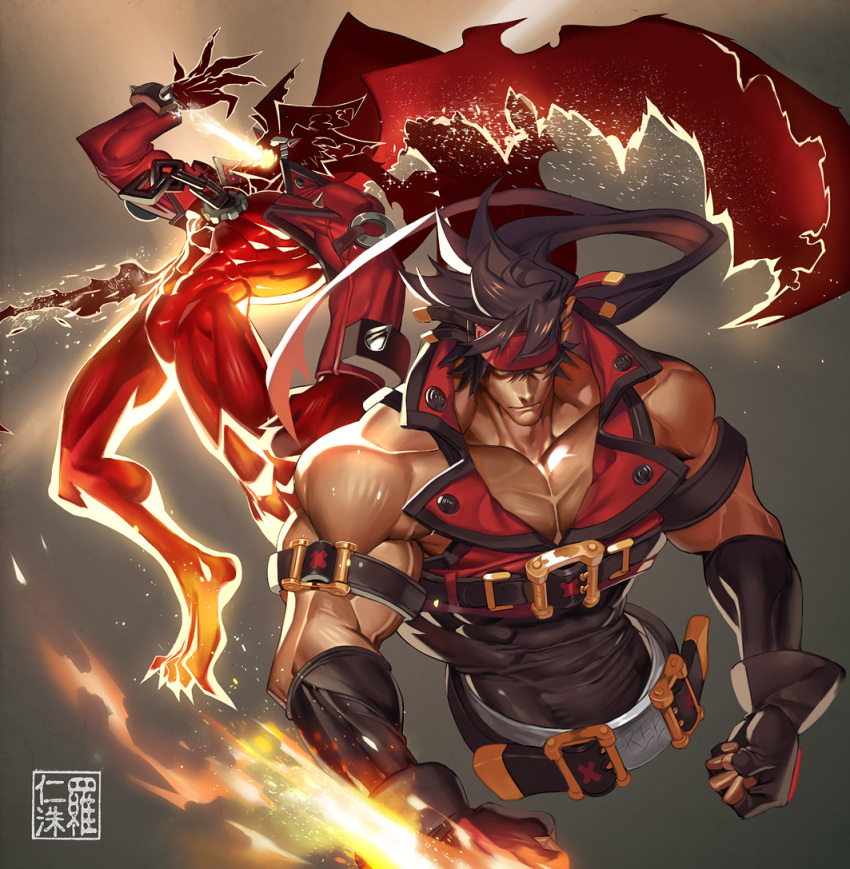 1boy bara brown_hair chest collarbone dragon_install energy_wings evil_eyes fingerless_gloves fire gloves glowing guilty_gear guilty_gear_xrd headband helmet jacket long_hair male_focus manly muscle na_insoo ponytail red_eyes sol_badguy solo winged_helmet wings yellow_eyes