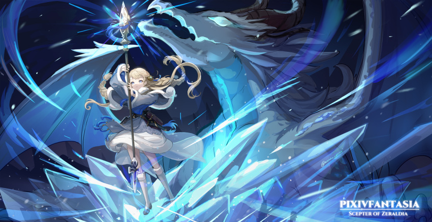 1girl asukayou blizzard blonde_hair blue_eyes blue_fire capelet casting_spell clothes_lift coat creature dragon fantasy fire flame hair_lift highres ice lance long_hair looking_to_the_side magic original pixiv_fantasia pixiv_fantasia_scepter_of_zeraldia polearm shoes skirt skirt_lift socks weapon