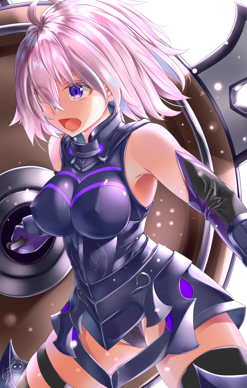 1girl absurdres armpits ayakase_hotaru black_leotard clothing_cutout elbow_gloves fate/grand_order fate_(series) gloves groin hair_over_one_eye highres holding holding_shield leotard light_purple_hair mash_kyrielight midriff navel navel_cutout open_mouth shield short_hair tagme violet_eyes
