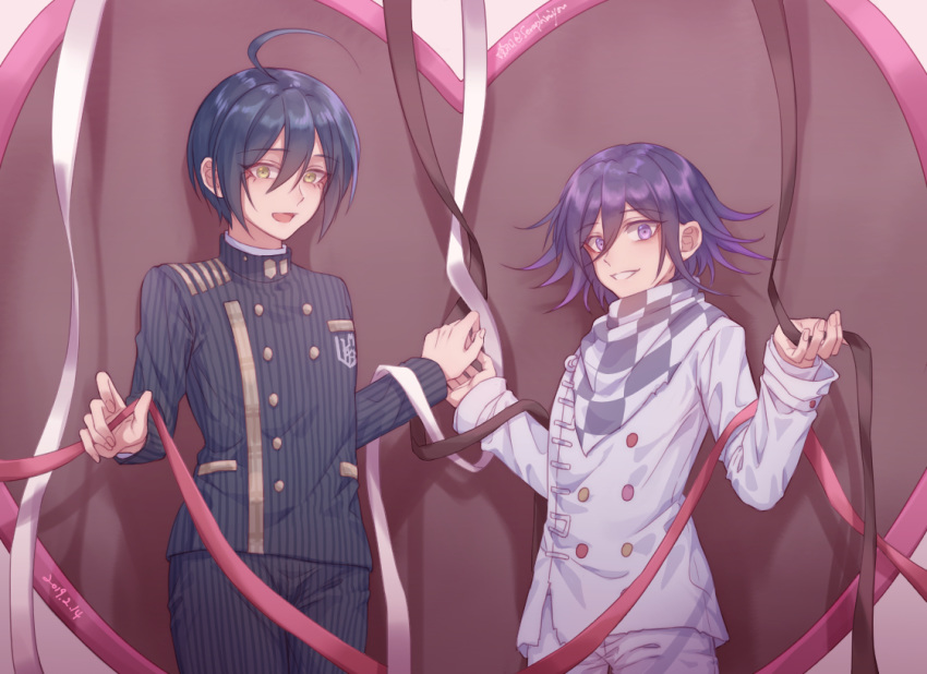 2boys :d ahoge artist_name black_hair brown_eyes checkered checkered_scarf commentary_request dangan_ronpa dated double-breasted ewa_(seraphhuiyu) gakuran grin hand_up hands_up heart holding jacket long_sleeves looking_at_viewer male_focus multicolored_hair multiple_boys new_dangan_ronpa_v3 open_mouth ouma_kokichi pants pink_eyes purple_hair ribbon saihara_shuuichi scarf school_uniform short_hair smile straitjacket striped striped_jacket striped_pants two-tone_hair violet_eyes white_jacket white_pants