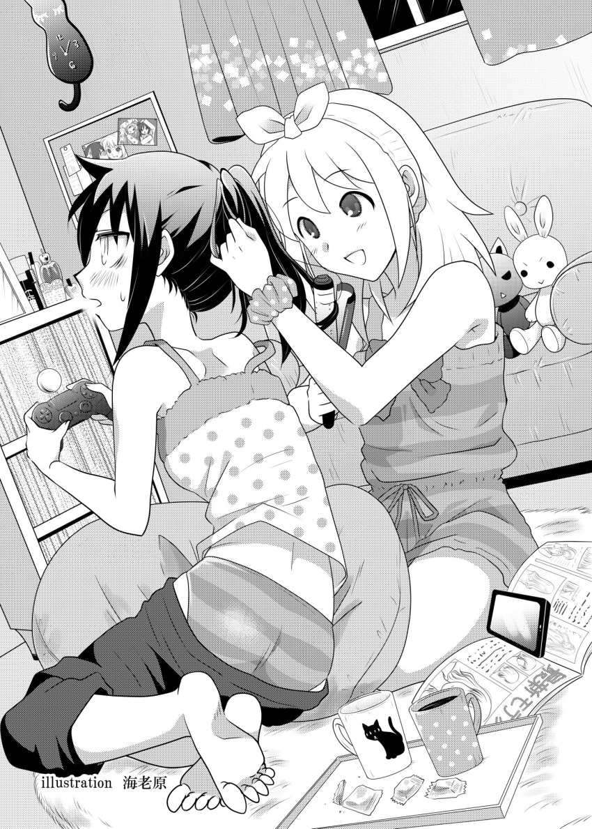 2girls :d animal_print artist_name ass bags_under_eyes barefoot bedroom black_hair blush bow bow_hairband camisole cat_print cellphone clock commentary_request controller couch cup curling_iron curtains cushion drawer dutch_angle eyebrows_visible_through_hair game_controller greyscale hairband hairdressing highres hikaru_(ofuton_at5) holding holding_controller holding_game_controller indoors kuroki_tomoko long_hair looking_at_another magazine monochrome mug multiple_girls nemoto_hina open_magazine open_mouth panties pants pants_pull phone photo_(object) playing_games polka_dot polka_dot_camisole polka_dot_scrunchie ponytail ribbon scrunchie shorts sitting smartphone smile striped striped_camisole striped_panties striped_shorts stuffed_animal stuffed_bunny stuffed_toy sweatdrop two_side_up underwear wall_clock watashi_ga_motenai_no_wa_dou_kangaetemo_omaera_ga_warui! window