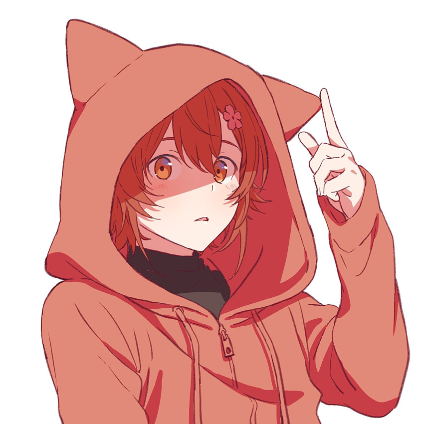 1boy animal_hood black_shirt blush commentary_request drawstring flower hair_between_eyes hair_flower hair_ornament hanasaki_miyabi highres holostars hood hood_up index_finger_raised male_focus orange_eyes parted_lips red_hoodie redhead shirt simple_background solo turtleneck virtual_youtuber white_background yufu_toyomimasu zipper_pull_tab