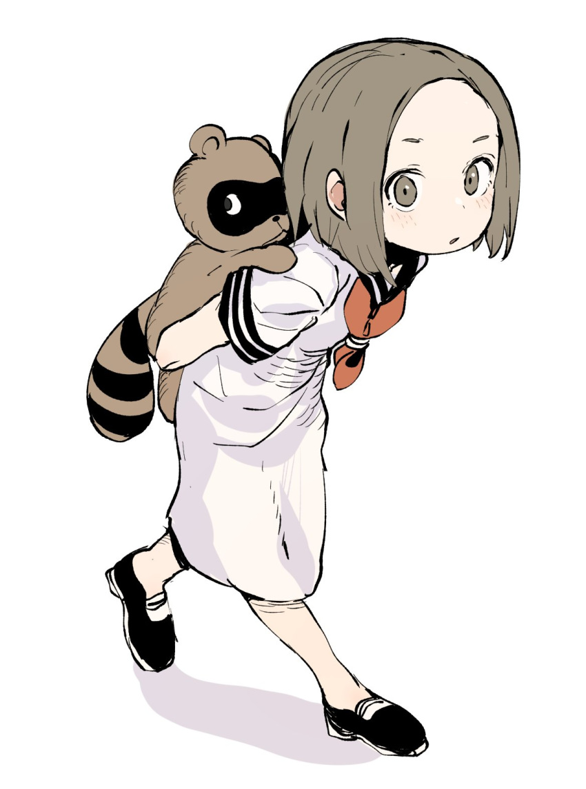 1girl animal animal_on_back black_legwear blush brown_eyes brown_hair carrying copyright_request ddari dress highres leaning_forward looking_at_viewer neckerchief parted_lips piggyback red_neckwear sailor_collar sailor_dress short_hair simple_background socks solo tanuki white_background white_dress white_sailor_collar