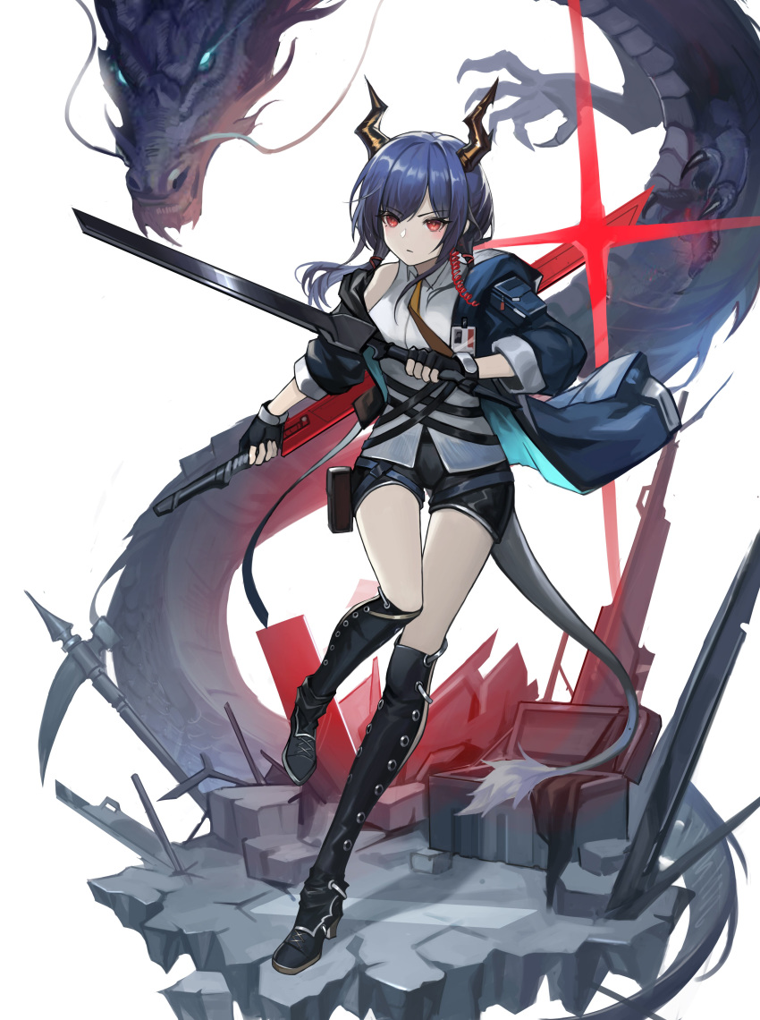 1girl absurdres arknights bangs bare_shoulders black_footwear black_shorts blue_hair blue_jacket boots ch'en_(arknights) chi_xiao_(arknights) dragon dragon_tail dual_wielding eastern_dragon full_body highres holding holding_sword holding_weapon horns jacket long_hair looking_at_viewer necktie red_eyes shirt short_shorts shorts simple_background solo sword tail thighs weapon white_background white_shirt yellow_neckwear zhai