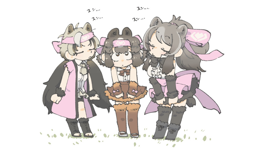 3girls ahoge animal_ears arms_at_sides back_bow bangs bare_arms bare_shoulders bear_ears bear_girl bear_tail bergman's_bear_(kemono_friends) bike_shorts black_hair boots bow bowtie bracelet brown_bear_(kemono_friends) center_frills chibi closed_eyes coat collared_shirt commentary_request cosplay detached_sleeves eyebrows_visible_through_hair ezo_brown_bear_(kemono_friends) facing_another frills full_body fur_bracelet fur_trim grey_hair hair_bow headband height_difference high-waist_skirt high_ponytail highres jewelry kemono_friends kodiak_bear_(kemono_friends) kodiak_bear_(kemono_friends)_(cosplay) leaning_forward long_hair looking_down medium_hair multicolored_hair multiple_girls open_clothes open_coat shirt skirt sleeveless sleeveless_shirt smelling sound_effects standing swept_bangs tail thigh-highs toeless_boots torento torn_clothes torn_sleeves twintails two-tone_hair v-shaped_eyebrows very_long_hair wing_collar zettai_ryouiki