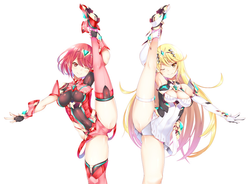 2girls absurdres breasts daive highres large_breasts leg_up long_hair multiple_girls mythra_(xenoblade) panties pyra_(xenoblade) red_eyes redhead short_hair skindentation thigh-highs underwear xenoblade_chronicles_(series) xenoblade_chronicles_2 yellow_eyes