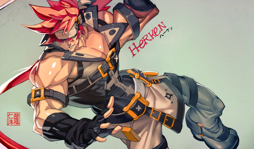 1boy alternate_design alternate_eye_color alternate_hair_color bara bare_shoulders belt_buckle brown_hair buckle chest covered_abs feet_out_of_frame fighting_stance fingerless_gloves gloves guilty_gear harness headgear long_hair male_focus muscle na_insoo open_clothes over_shoulder pelvic_curtain ponytail pose shiny shiny_skin shoes simple_background sleeveless sol_badguy solo spiky_hair tight weapon weapon_over_shoulder yellow_eyes