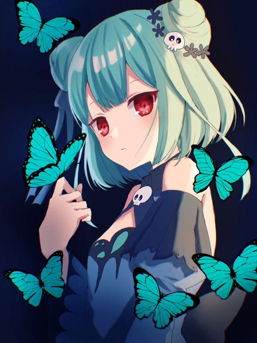 1girl bangs bare_shoulders blush bug butterfly detached_sleeves double_bun dress eyebrows_visible_through_hair green_hair hair_ornament highres hololive hololive_fantasy insect looking_at_viewer red_eyes skull_collar skull_hair_ornament solo uruha_rushia virtual_youtuber