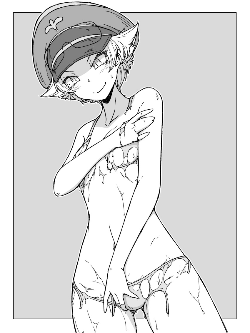 1girl absurdres ass_visible_through_thighs bikini border breasts closed_mouth commentary_request covering covering_breasts covering_crotch cowboy_shot dissolving_clothes dutch_angle erwin_(girls_und_panzer) girls_und_panzer goggles goggles_on_headwear greyscale hat highres light_blush looking_at_viewer military_hat monochrome navel outside_border partial_commentary peaked_cap pointy_hair renshiu short_hair small_breasts smile solo standing sweatdrop swimsuit
