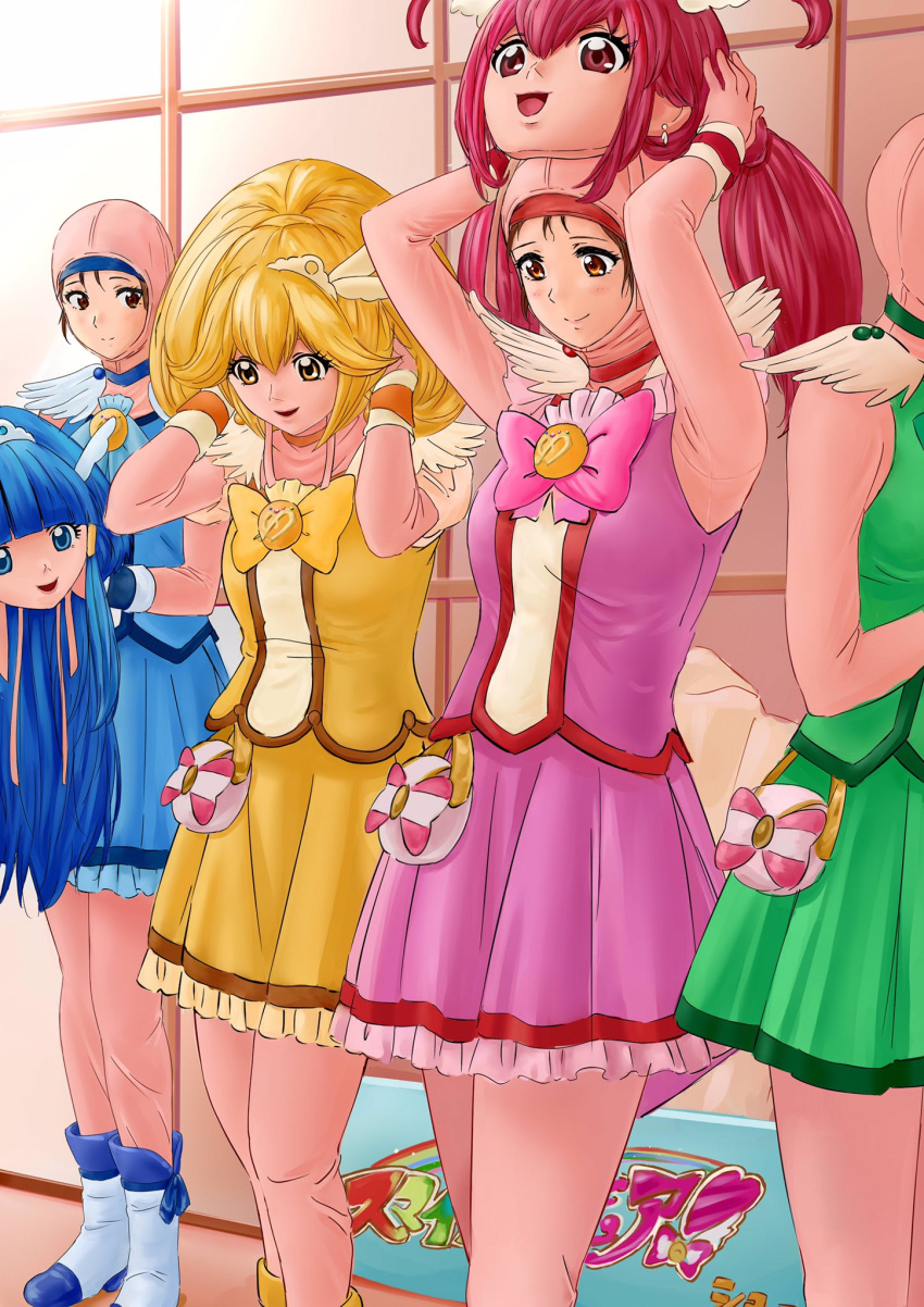 4girls actress anigurum animegao armpits blonde_hair blue_eyes blue_hair blush bob_cut bodysuit boots breasts brown_eyes brown_hair cosplay costume cure_beauty cure_beauty_(cosplay) cure_happy cure_happy_(cosplay) cure_march cure_march_(cosplay) cure_peace cure_peace_(cosplay) dress dressing highres idol indoors kigurumi large_breasts legs long_hair mask mask_on_head medium_breasts multiple_girls ponytail precure red_eyes redhead short_hair skirt smile_precure! standing thighs twintails yellow_eyes