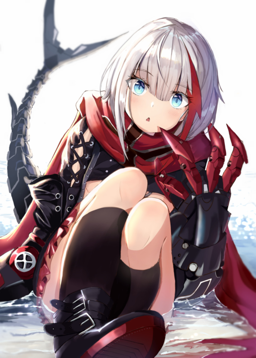 1girl absurdres admiral_graf_spee_(azur_lane) azur_lane black_footwear black_legwear blue_eyes boots eyebrows_visible_through_hair full_body highres looking_at_viewer mechanical_hands mechanical_tail medium_hair mugicho_(kdks5554) multicolored_hair partially_submerged red_scarf red_skirt redhead scarf simple_background skirt socks streaked_hair tail water white_hair