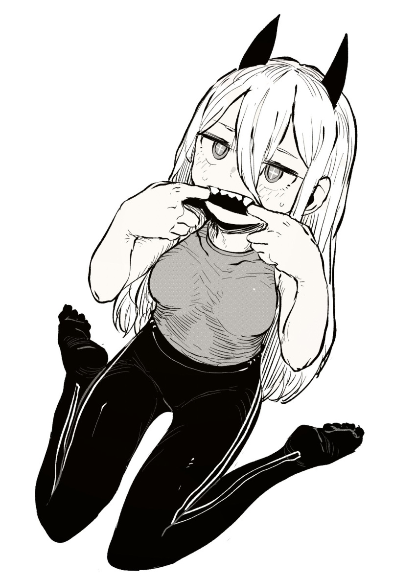 +_+ 1girl breasts chainsaw_man covered_navel ddari finger_in_mouth greyscale highres horns jitome long_hair medium_breasts monochrome open_mouth pants power_(chainsaw_man) ringed_eyes sharp_teeth shirt simple_background socks solo sweat teeth track_pants upper_teeth white_background