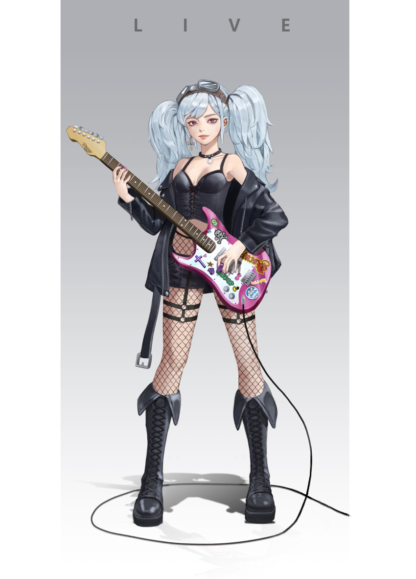 1girl absurdres boots collar discuzz earrings electric_guitar goggles green_eyes green_hair guitar highres instrument jacket jewelry lips long_hair nail_polish original red_eyes shorts