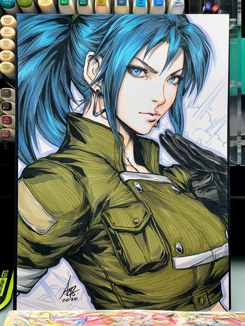 black_gloves blue_eyes blue_hair earrings gloves green_jacket hairband high_ponytail highres jacket jewelry leona_heidern lips looking_at_viewer military military_uniform pocket ponytail snk stanley_lau the_king_of_fighters traditional_media triangle_earrings uniform