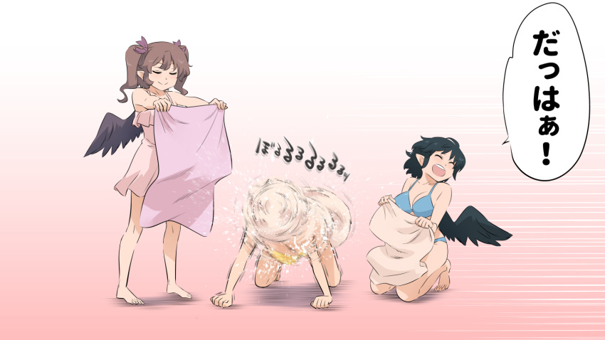 3girls all_fours bikini black_hair black_wings blue_bikini bow brown_hair closed_eyes commentary_request drying feathered_wings hair_bow highres himekaidou_hatate holding holding_towel inubashiri_momiji kneeling medium_hair multiple_girls open_mouth pink_hair pink_swimsuit pointy_ears purple_bow shameimaru_aya short_hair shundou_heishirou smile swimsuit touhou towel translation_request twintails upper_body wings