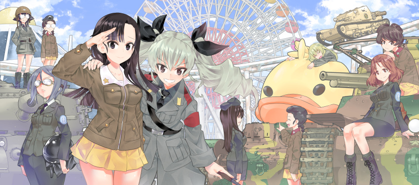 6+girls absurdres amusement_park anchovy_(girls_und_panzer) anzio_(emblem) anzio_military_uniform arm_around_shoulder arms_behind_back asymmetrical_bangs azumi_(girls_und_panzer) bangs belt beret bespectacled bird black_belt black_eyes black_footwear black_hair black_headwear black_jacket black_neckwear black_shirt black_skirt blonde_hair boots braid brown_eyes brown_hair brown_headwear brown_jacket carpaccio_(girls_und_panzer) carro_veloce_cv-33 chi-hatan_military_uniform closed_eyes closed_mouth clouds cloudy_sky commentary cross-laced_footwear dress_shirt drill_hair duck emblem eyebrows_visible_through_hair eyewear_switch ferris_wheel frown fukuda_(girls_und_panzer) girls_und_panzer girls_und_panzer_gekijouban glasses goggles green_hair grey_hair grey_jacket grey_pants grey_skirt grin ground_vehicle hair_ribbon hand_on_another's_shoulder hat headwear_switch highres holding hosomi_(girls_und_panzer) huge_filesize inou_takashi insignia jacket japanese_tankery_league_(emblem) knife lace-up_boots long_hair long_sleeves looking_at_another looking_at_viewer m24_chaffee medium_hair megumi_(girls_und_panzer) military military_hat military_uniform military_vehicle miniskirt motor_vehicle multiple_girls necktie nishi_kinuyo opaque_glasses open_mouth outdoors pants parted_bangs pencil_skirt pepperoni_(girls_und_panzer) pleated_skirt pointing red_eyes ribbon roller_coaster round_eyewear rumi_(girls_und_panzer) salute sam_browne_belt selection_university_(emblem) selection_university_military_uniform shirt side-by-side side_braid single_braid skirt sky smile standing standing_at_attention star_(symbol) swept_bangs tamada_(girls_und_panzer) tank tank_helmet twin_braids twin_drills twintails type_95_ha-gou type_97_chi-ha uniform white_shirt wing_collar yellow_skirt