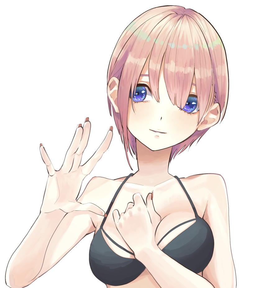 1girl bangs bare_shoulders bikini bikini_top blue_eyes blush bra breasts closed_mouth fingernails go-toubun_no_hanayome hair_between_eyes highres ichi_(iti562) looking_at_viewer nakano_ichika pink_hair short_hair smile solo swimsuit underwear