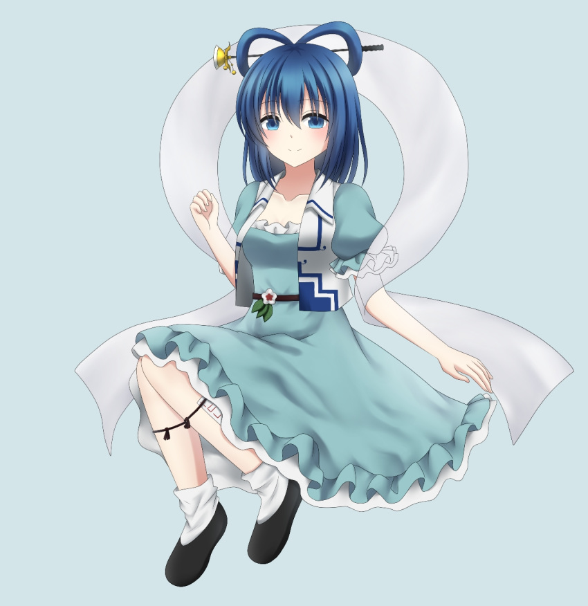 1girl aqua_dress belt black_footwear blue_eyes blue_hair blush breasts closed_mouth collarbone commentary_request dress eyebrows_visible_through_hair flower full_body hagoromo hair_ornament hair_rings hair_stick highres kaku_seiga light_blue_background looking_at_viewer loose_socks medium_hair nanamiko74 ofuda petticoat see-through shawl simple_background small_breasts smile solo touhou vest white_legwear white_vest